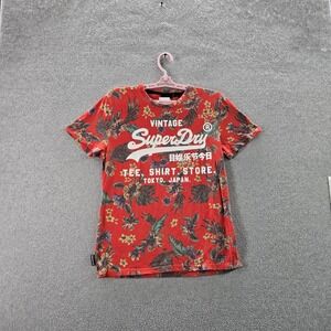 Superdry Men Shirt M Red Floral Hawaiian Shirt Short Sleeve AOP